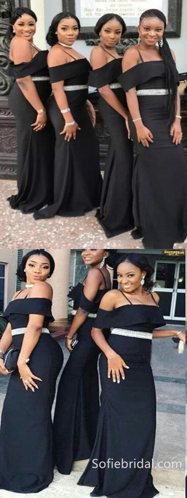 Black Soft Satin Spaghetti Straps Off Shoulder Floor Length Mermaid Bridesmaid Dresses, SFWG00438