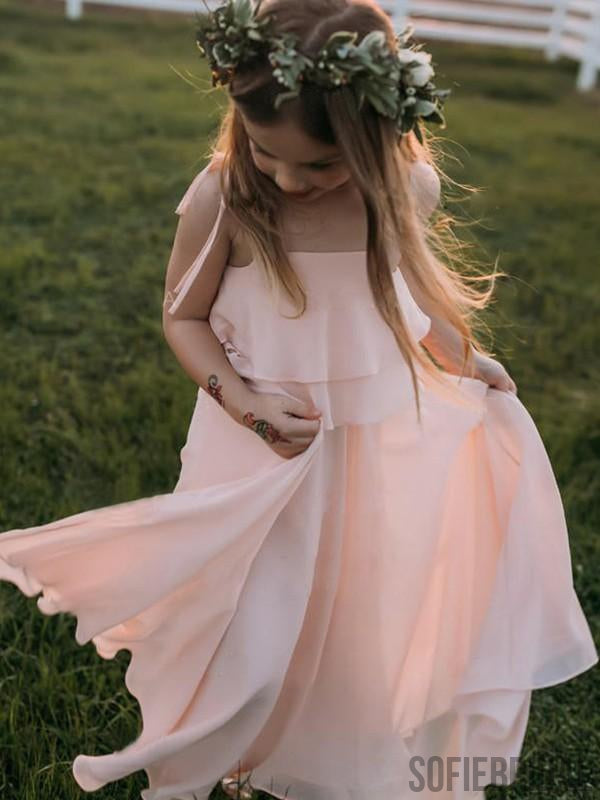 A-line Spaghetti Straps Floor-length Ruffles Chiffon Flower Girl Dresses, FG095