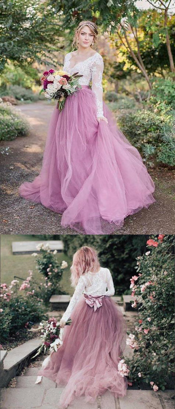 A-Line V-Neck Long Sleeves Pink Tulle Wedding Dresses with Lace Appliques,SFWD0052