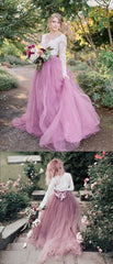 A-Line V-Neck Long Sleeves Pink Tulle Wedding Dresses with Lace Appliques,SFWD0052