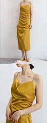 Charming Turmeric Soft Satin Spaghetti Straps Long Homecoming Dresses, HD0182