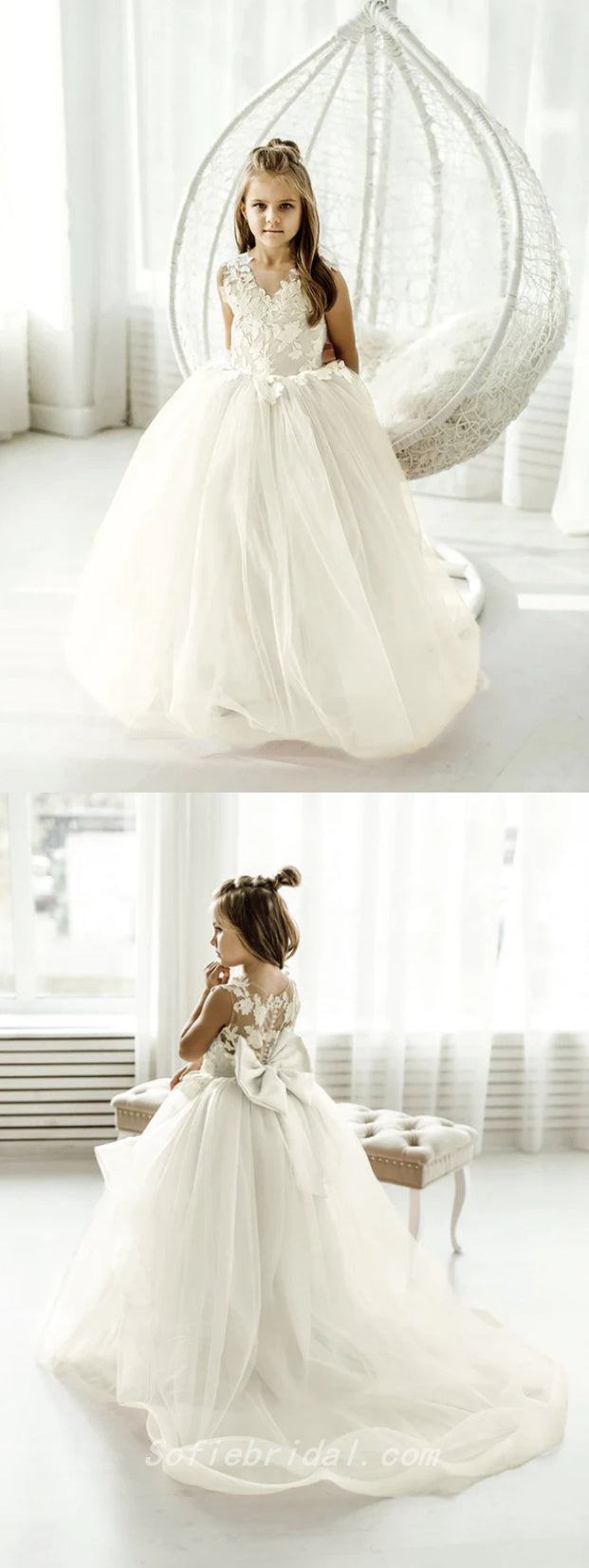 Cute Elegant Spaghetti Straps Lace Tulle A-Line Flower Girl Dresses, FGS0032