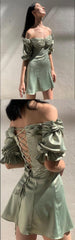 Charming Soft Satin Off Shoulder Lace Up Short Homecoming Dresses, HD0181