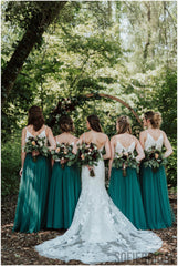 A-line Straps V-neck Sleeveless Long Tulle Bridesmaid Dresses, BD1082