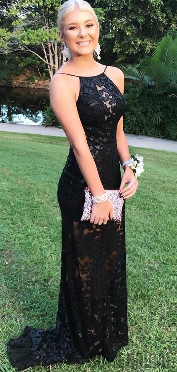 Backless Long Mermaid Black Lace Prom Dresses, PD0986