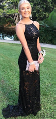 Backless Long Mermaid Black Lace Prom Dresses, PD0986