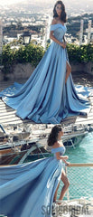 Blue Off Shoulder Prom Dresses, Side Slit Prom Dresses, Cheap A-line Prom Dresses, PD0687