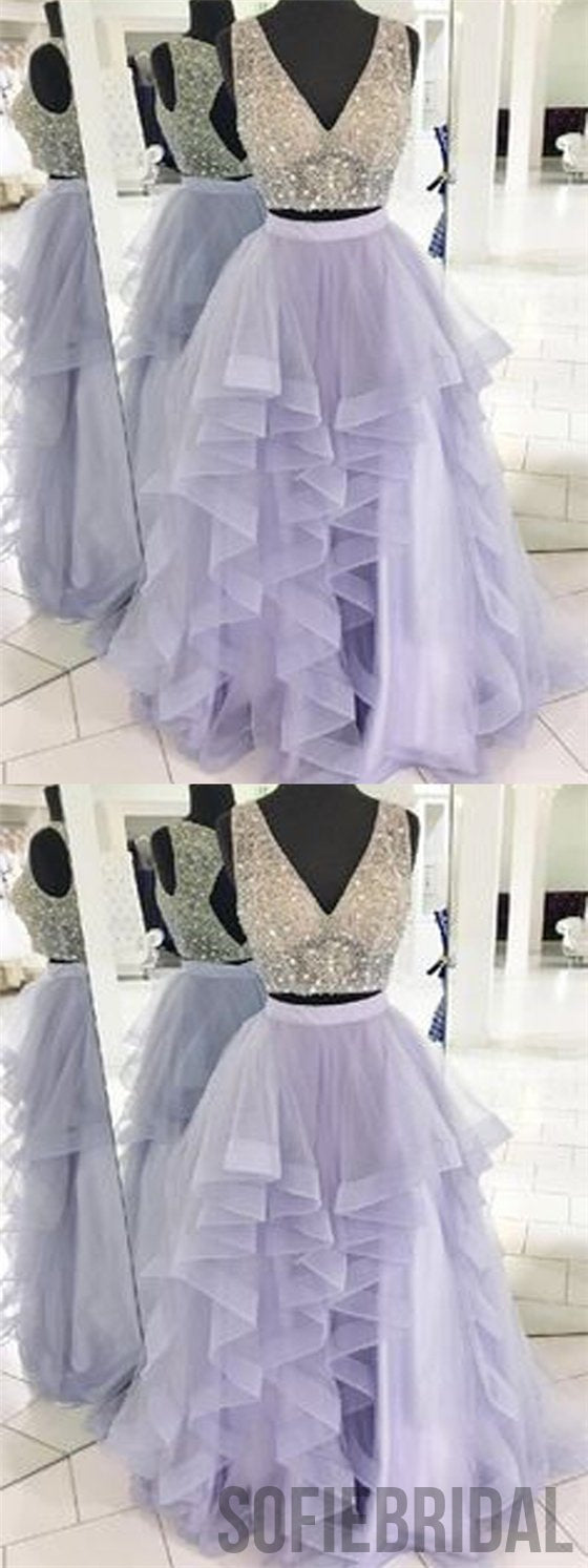 2 Pieces Prom Dresses, Beaded Prom Dresses, Lilac Prom Dresses, Long Prom Dresses, PD0681
