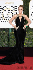 Blake Lively Sexy Mermaid Black Velvet Sequin Prom Dresses, PD0964