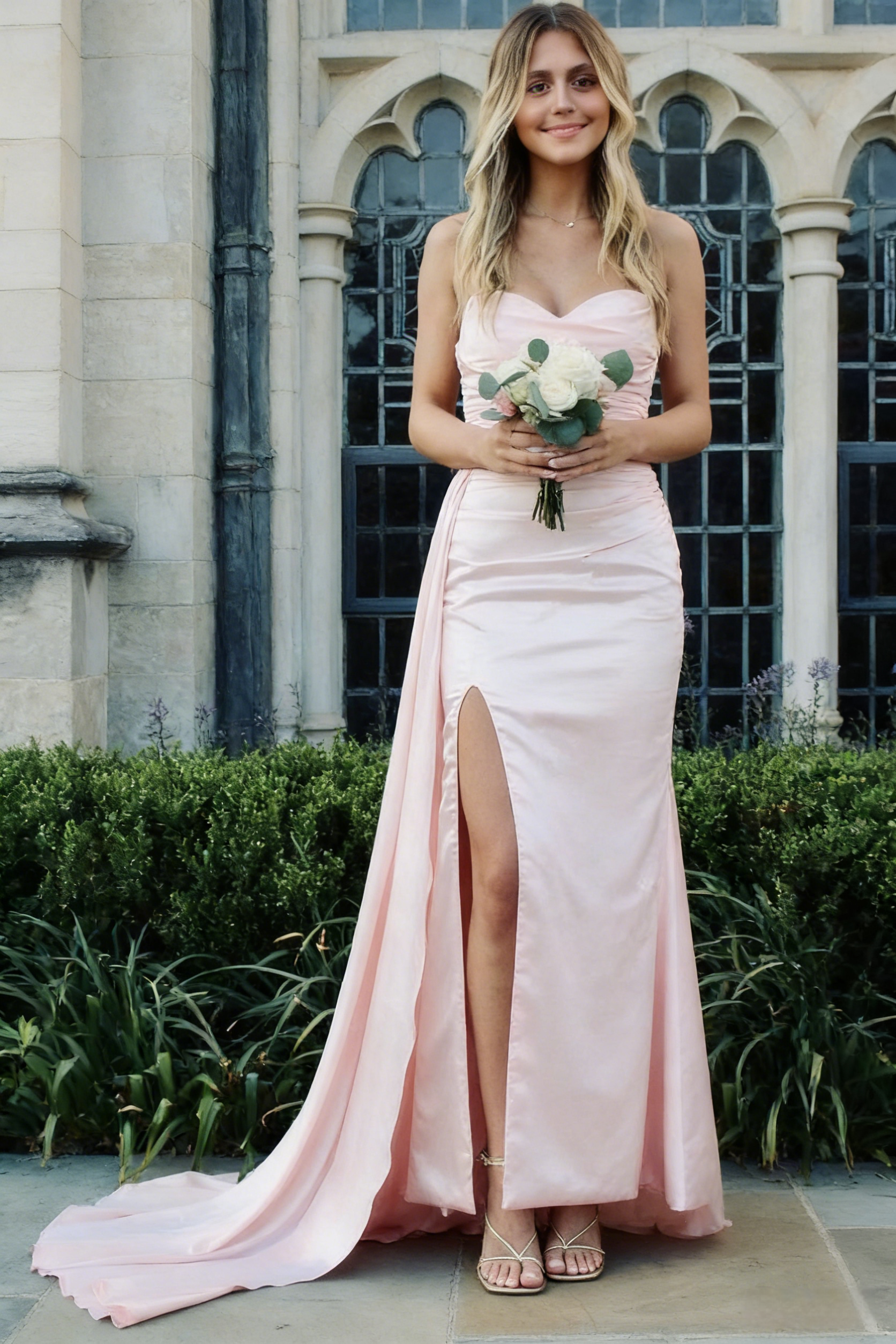 Blush Pink Satin Strapless Prom Dress with Sweep Train and High Slit, PD01199