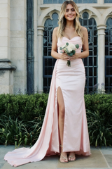 Blush Pink Satin Strapless Prom Dress with Sweep Train and High Slit, PD01199