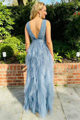 Dusty-Blue Spaghetti Straps V-Neck Tiered Tulle A-Line Maxi Prom Dress, PD01204