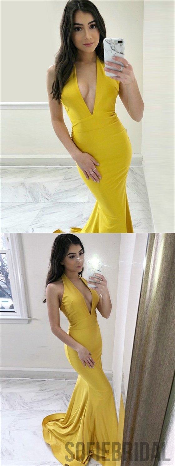Deep V-neck Yellow Prom Dresses, Mermaid Prom Dresses, Long Prom Dresses, PD0693