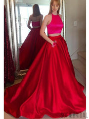 2 Pieces Long A-line Satin Simple Design Prom Dresses PD0948