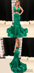 2 Pieces Emerald Green Satin Mermaid V-neck Prom Dresses, PD0865