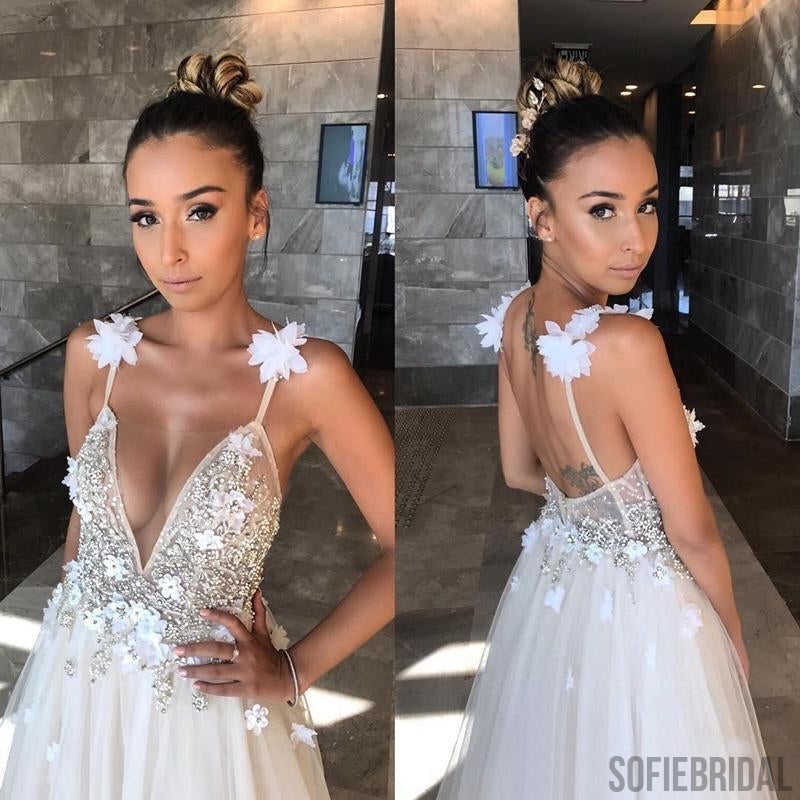 Deep V-neck Floral Beaded Long A-line Prom Dresses, PD0813