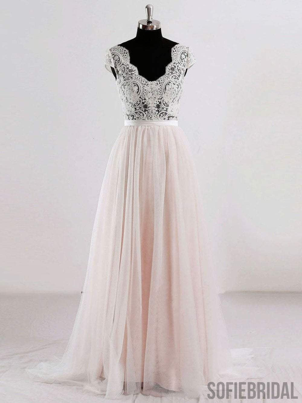 Cap Sleeves V Neck See Through A-line Cheap Wedding Dresses Online, WD342